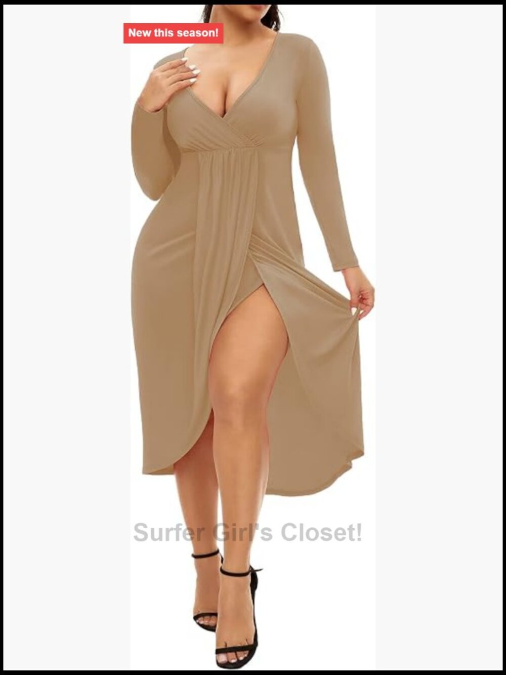 Plus Size Bodycon Midi Dress Long Sleeve V-Neck Party
